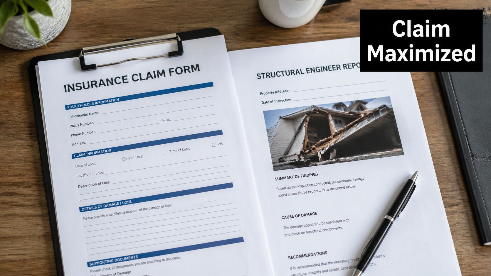A clipboard containing an insurance claim form and a structural engineer report on a wooden desk.