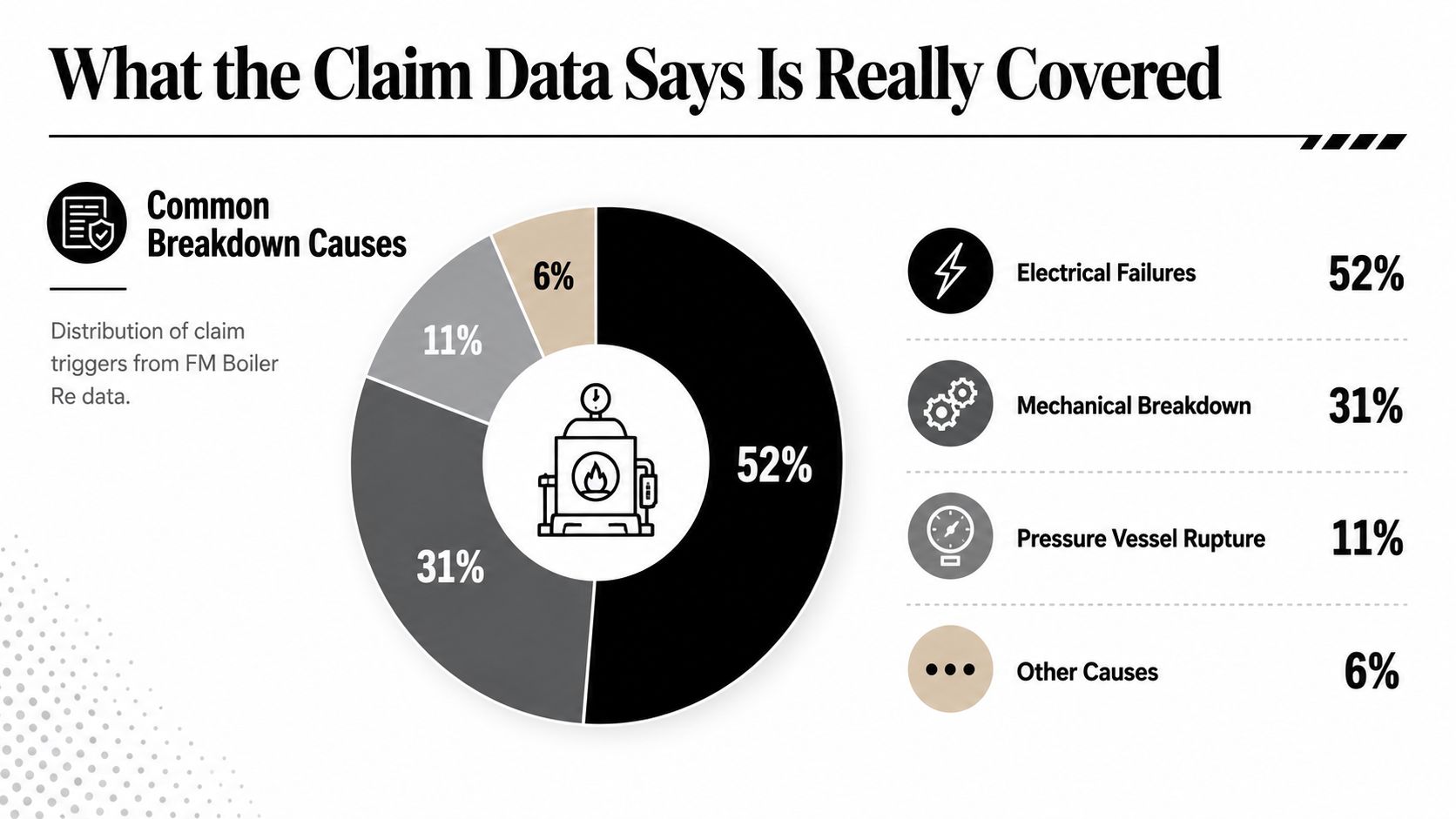 A donut chart showing that electrical failures cause 52 percent of equipment breakdown insurance claims.