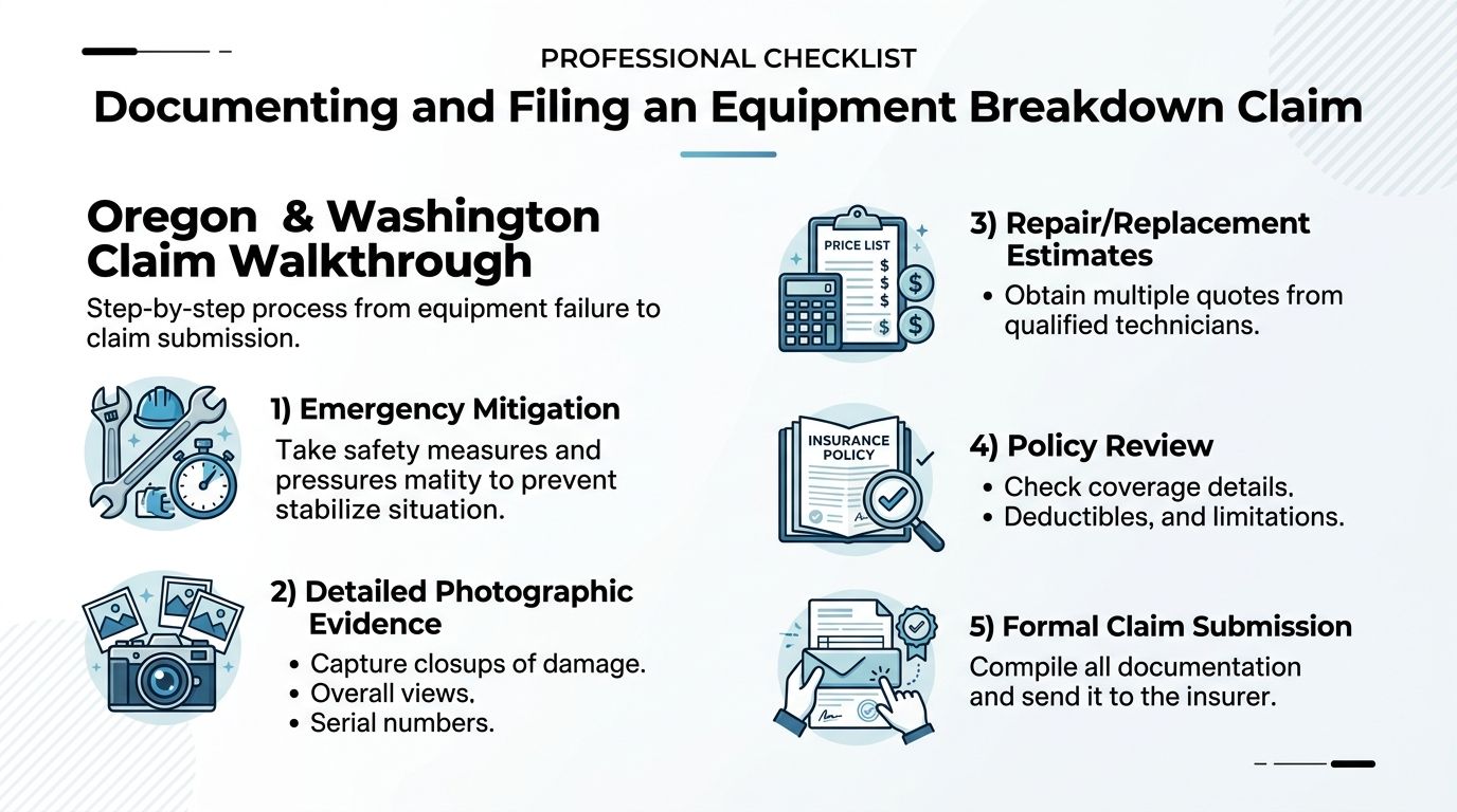 A professional checklist infographic detailing the step-by-step process for documenting and filing an equipment breakdown insurance claim.