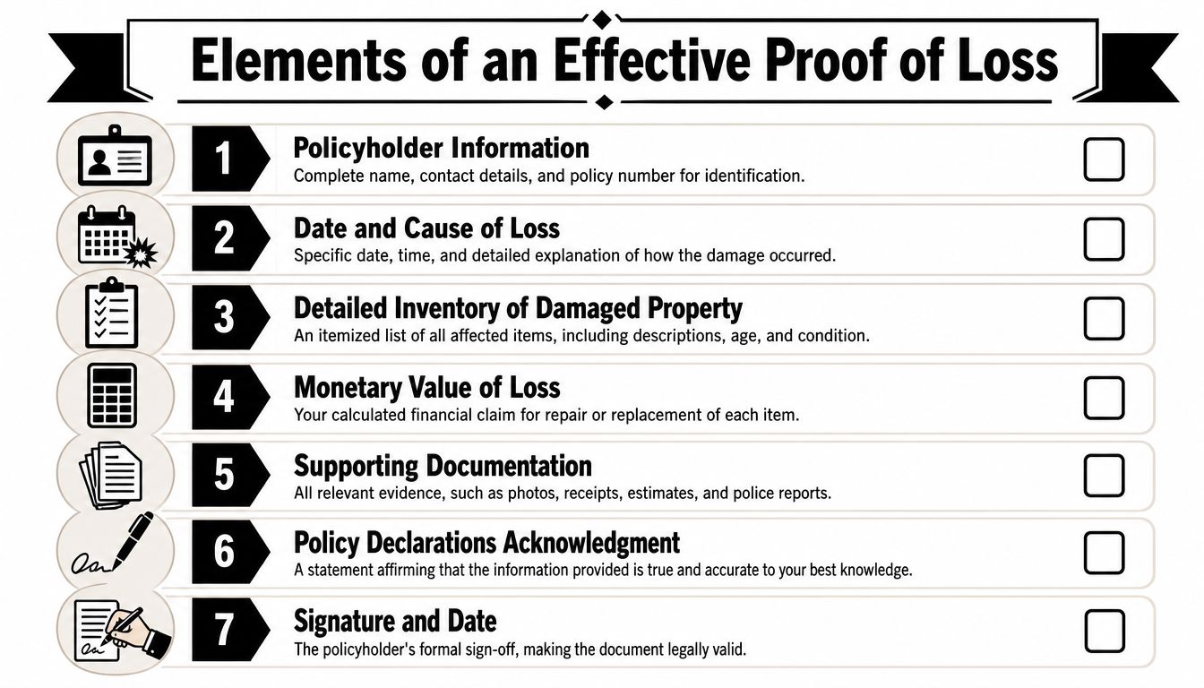 A checklist infographic outlining seven essential elements required for an effective insurance proof of loss document.