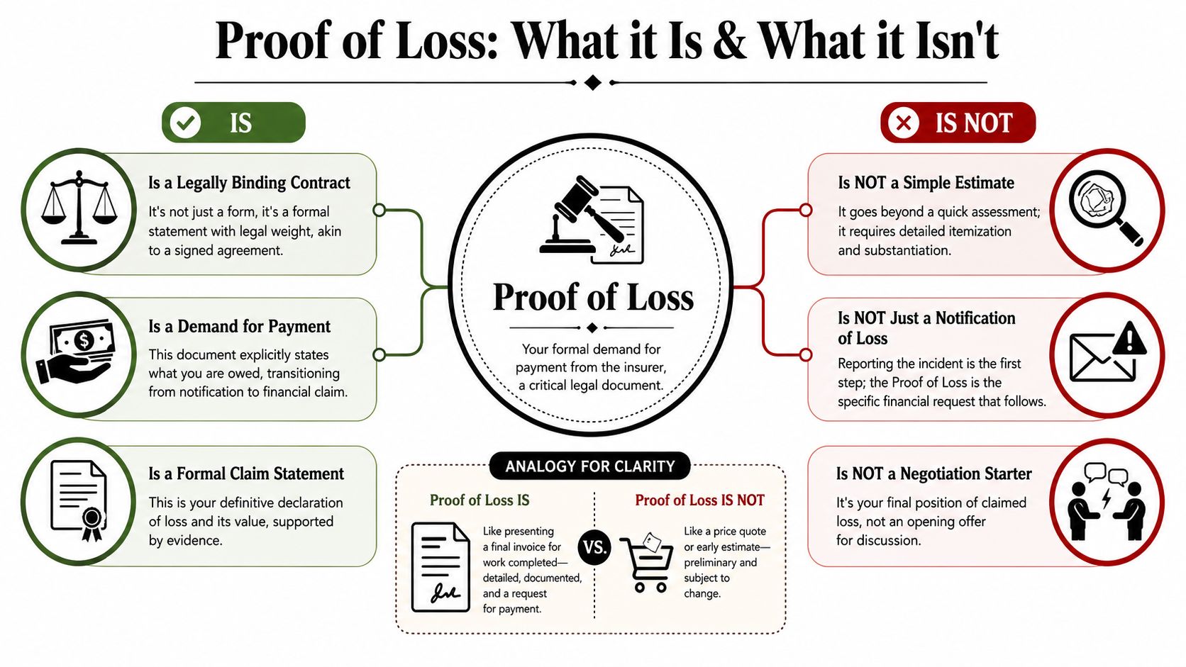 An infographic titled Proof of Loss: What it Is & What it Isn't, detailing its legal and formal nature.