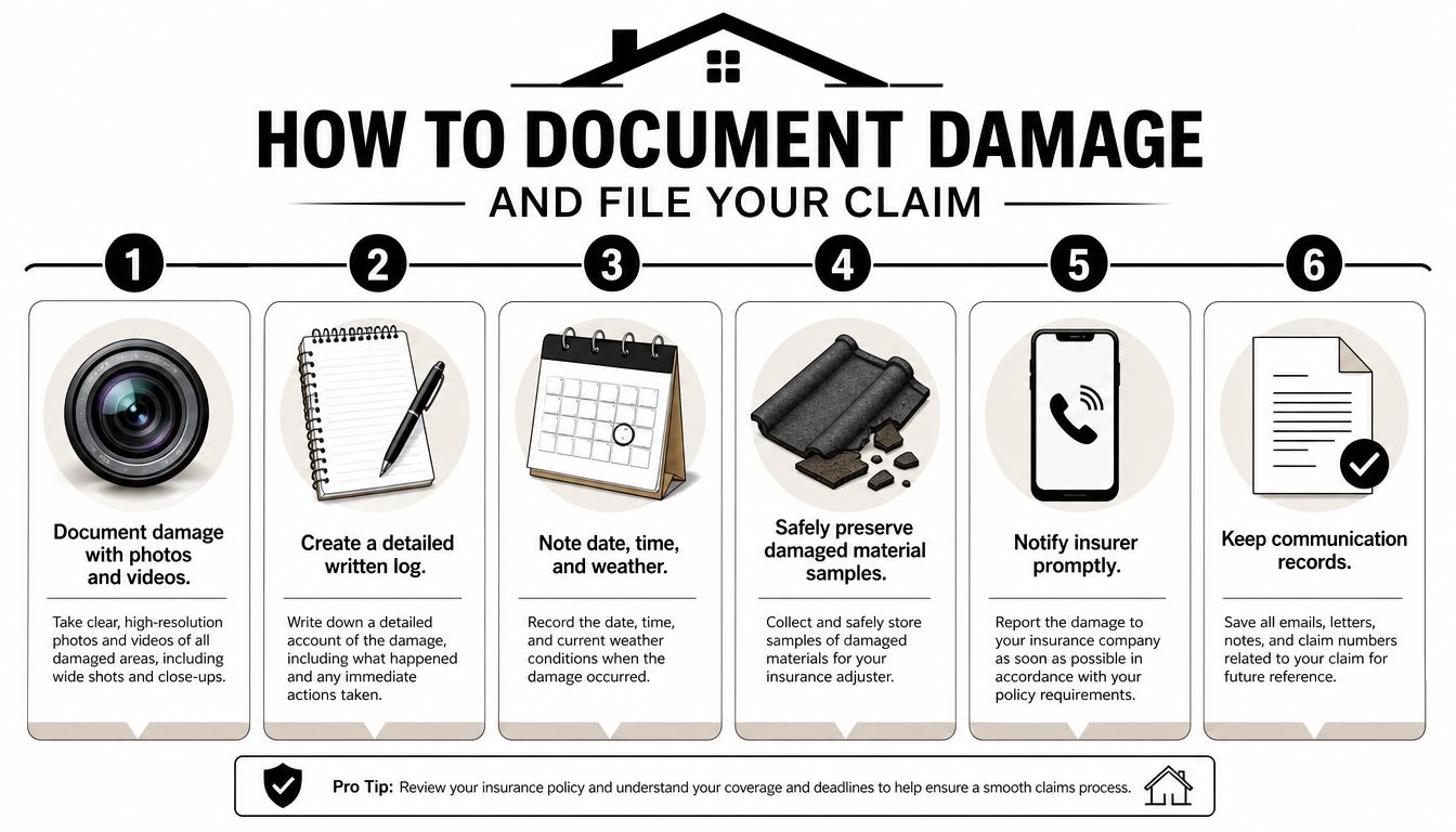A step-by-step infographic titled How to Document Damage and File Your Claim, featuring six essential tips.