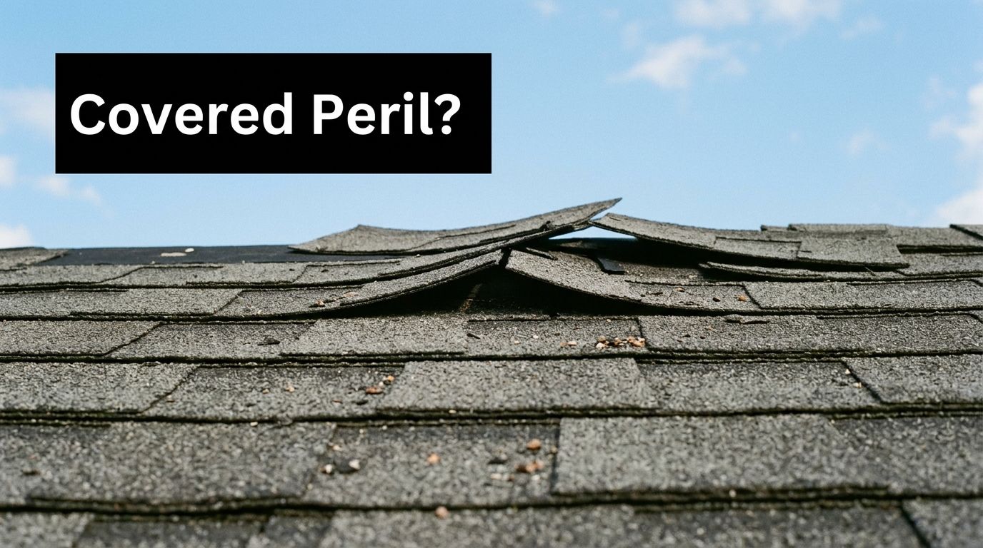 A close-up view of damaged asphalt roof shingles peeling upward against a bright blue sky.