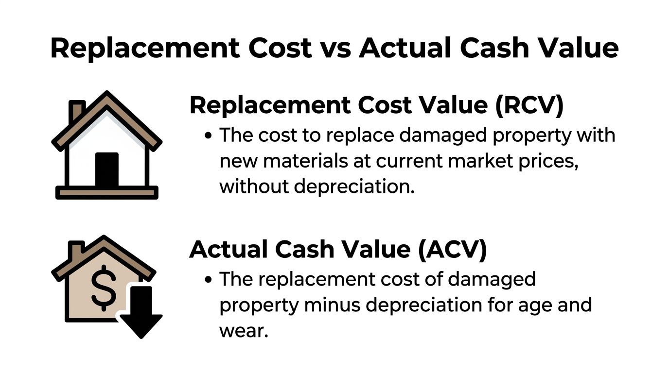 An infographic illustrating the difference between Replacement Cost Value and Actual Cash Value for insurance claims.