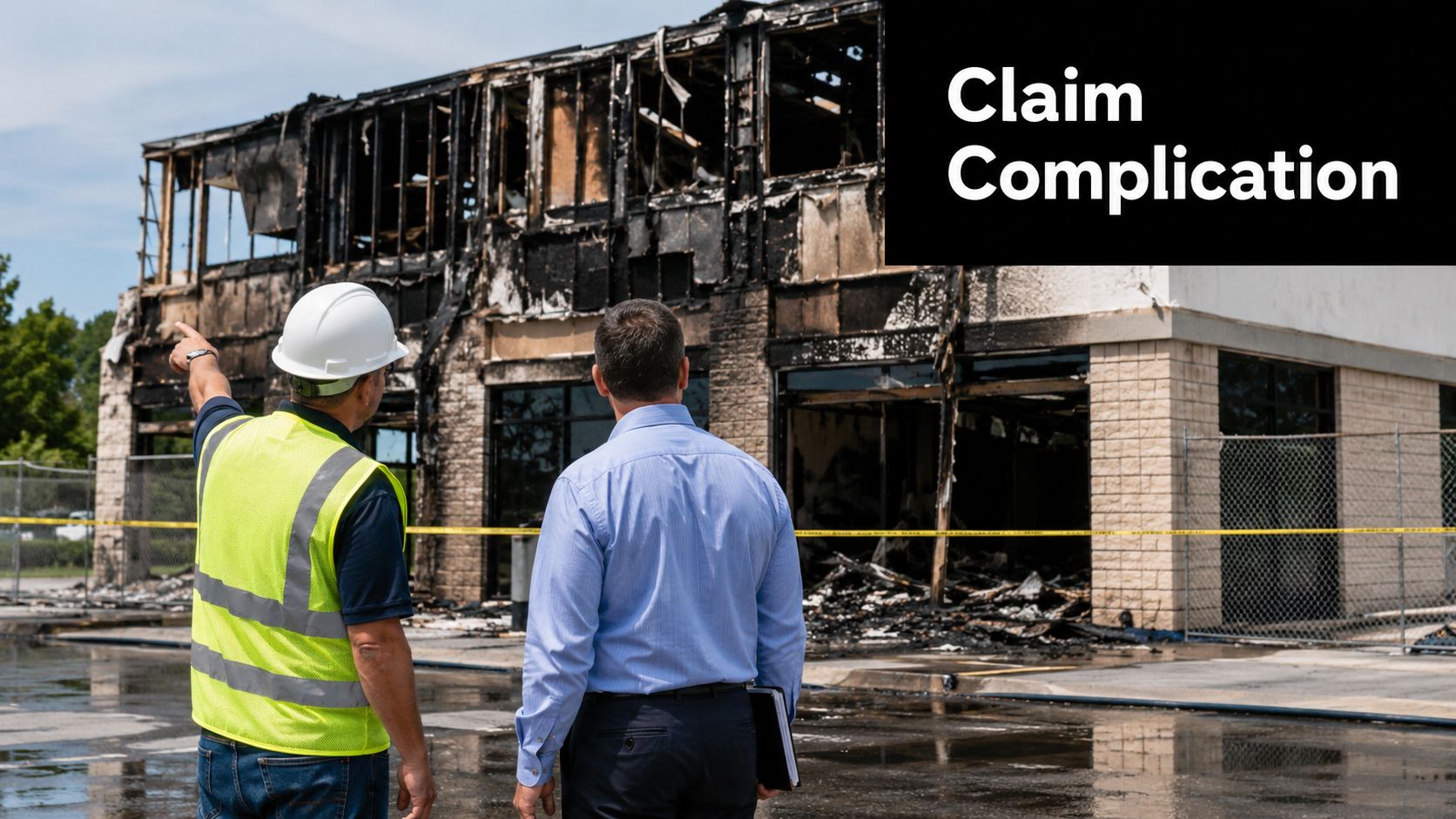 A construction inspector and an insurance agent examining a commercial building damaged by a recent fire.