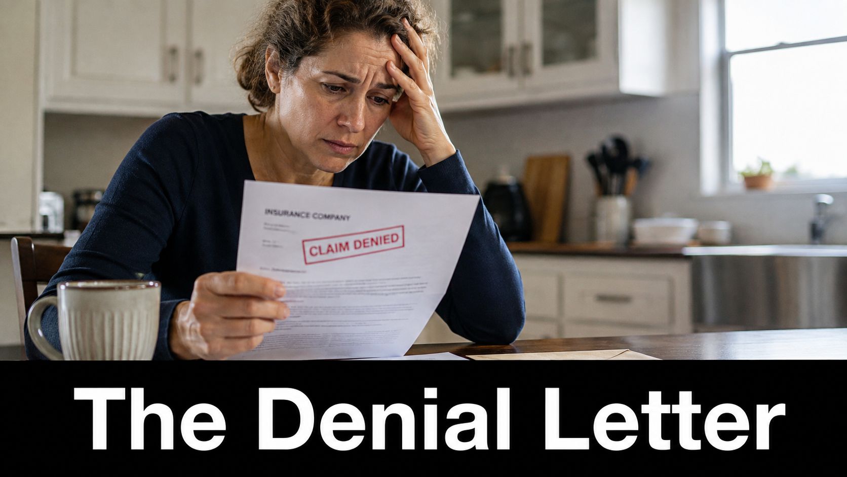 A concerned woman sitting at a kitchen table reading a document with a Claim Denied stamp.