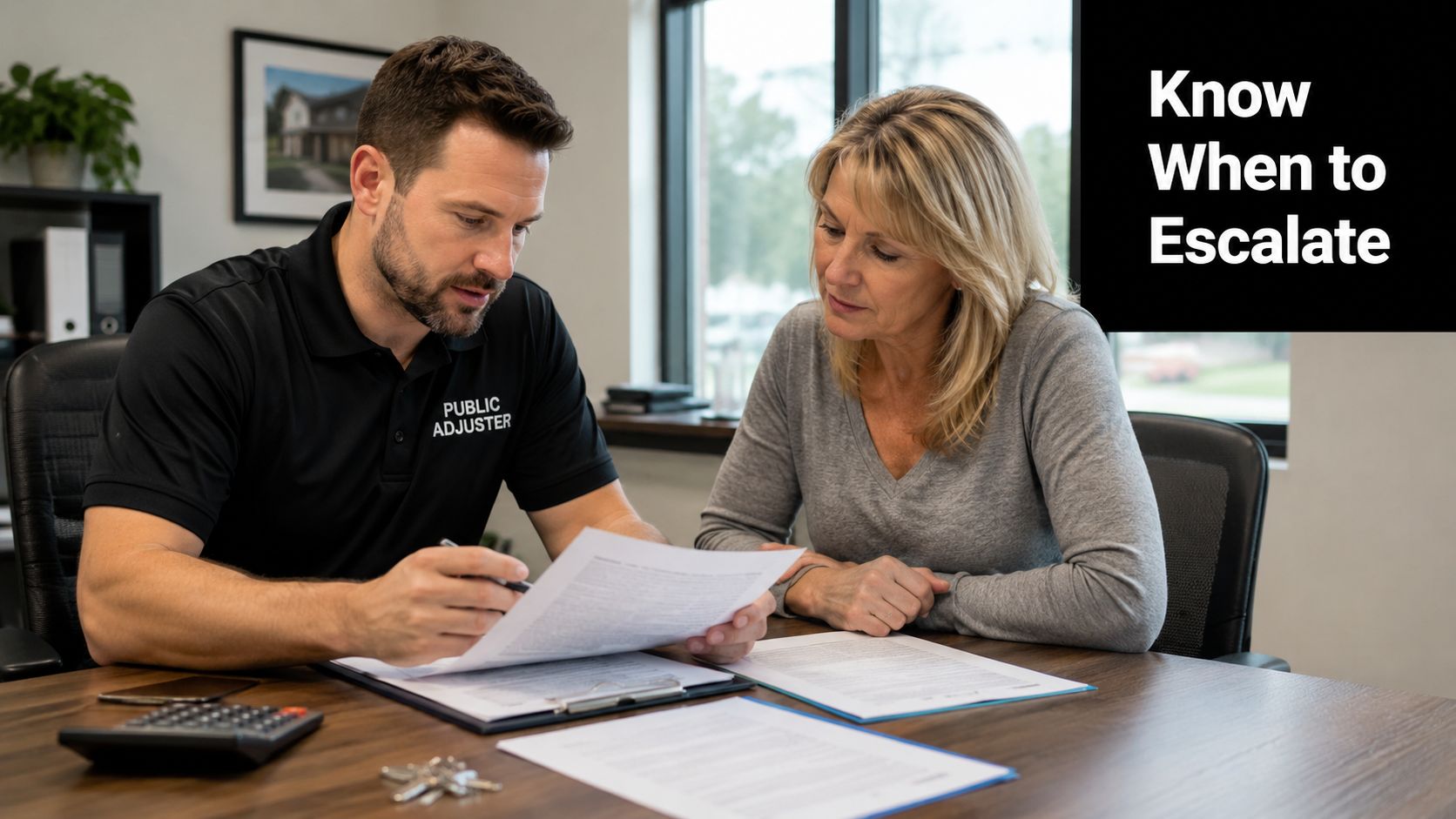 A professional public adjuster reviewing insurance claim documents with a client in an office setting.