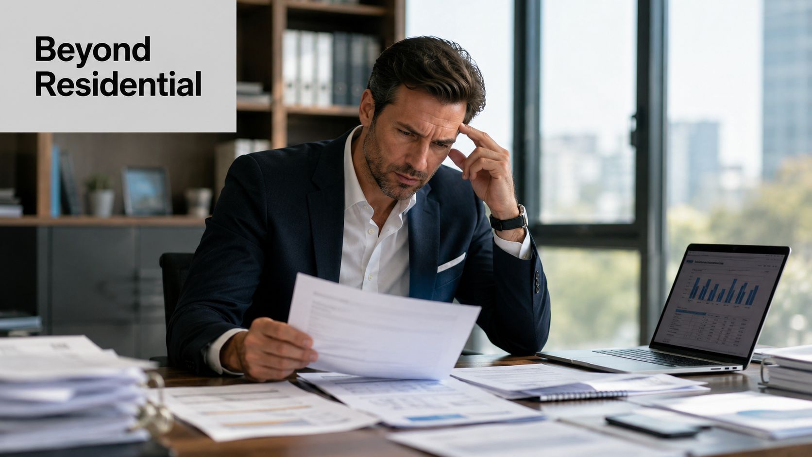 A professional man in a suit looking concerned while reviewing financial documents at his office desk.