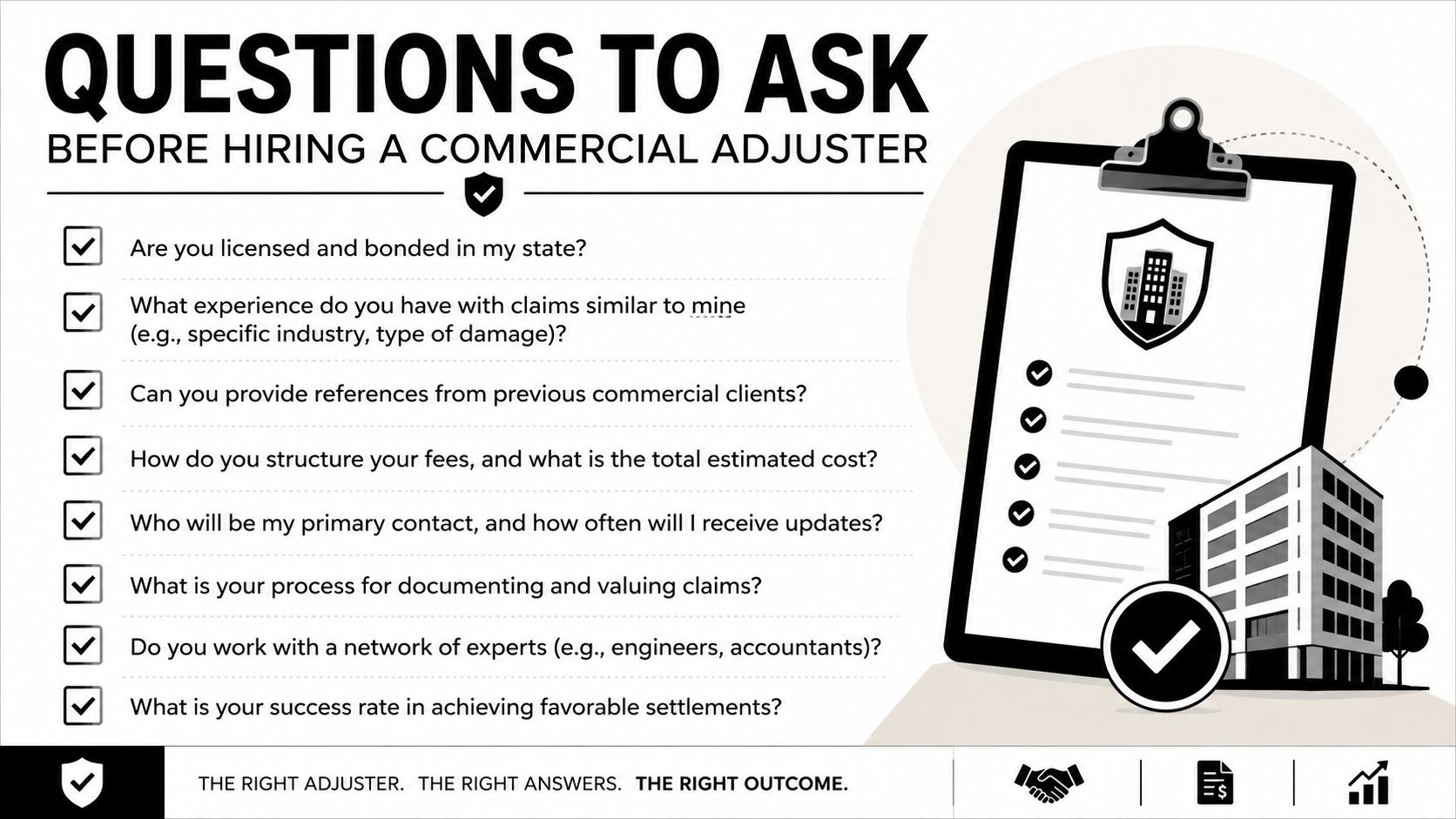 A helpful infographic listing essential questions to ask before hiring a professional commercial insurance adjuster.