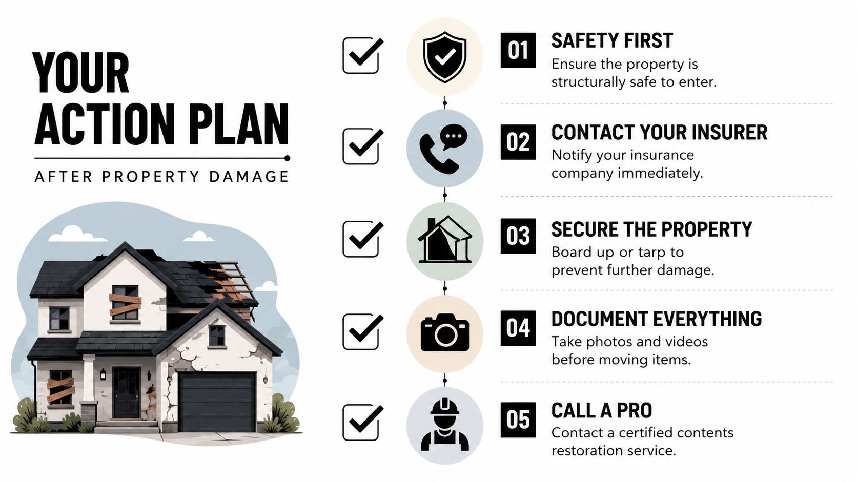 An infographic titled Your Action Plan After Property Damage, outlining five steps for property restoration after disasters.
