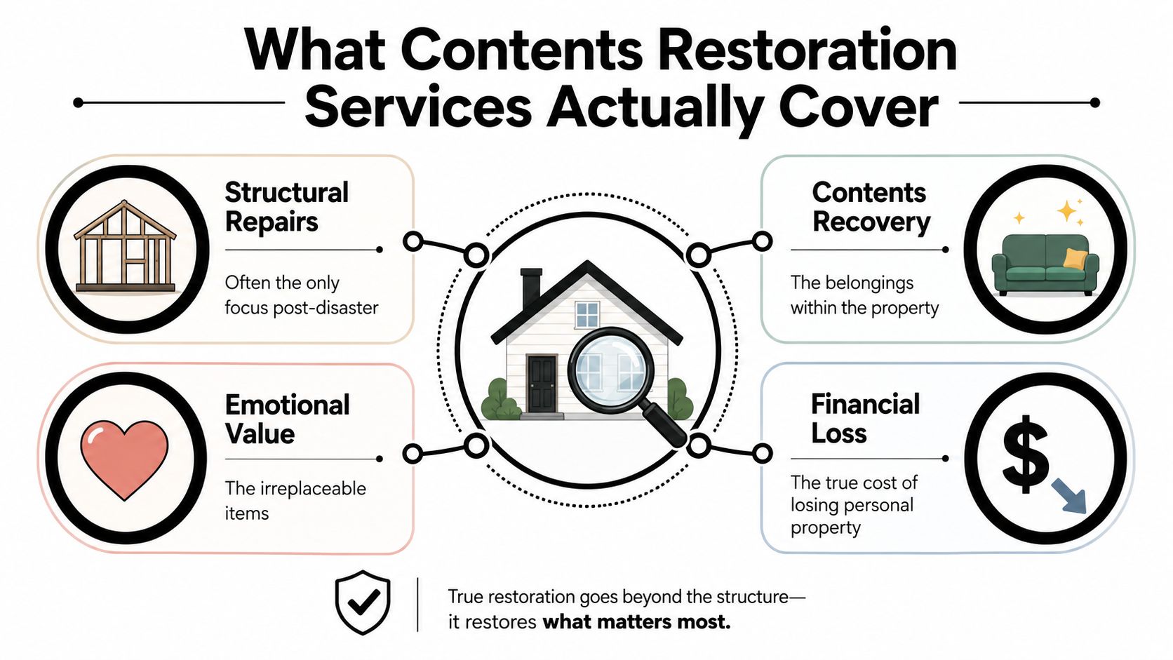 An infographic showing that contents restoration services cover structural repairs, contents recovery, emotional value, and financial loss.
