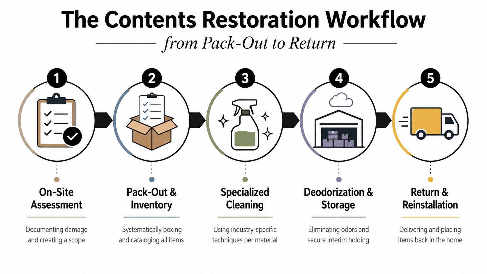 A five-step infographic showing the professional contents restoration workflow from initial on-site assessment to final item return.