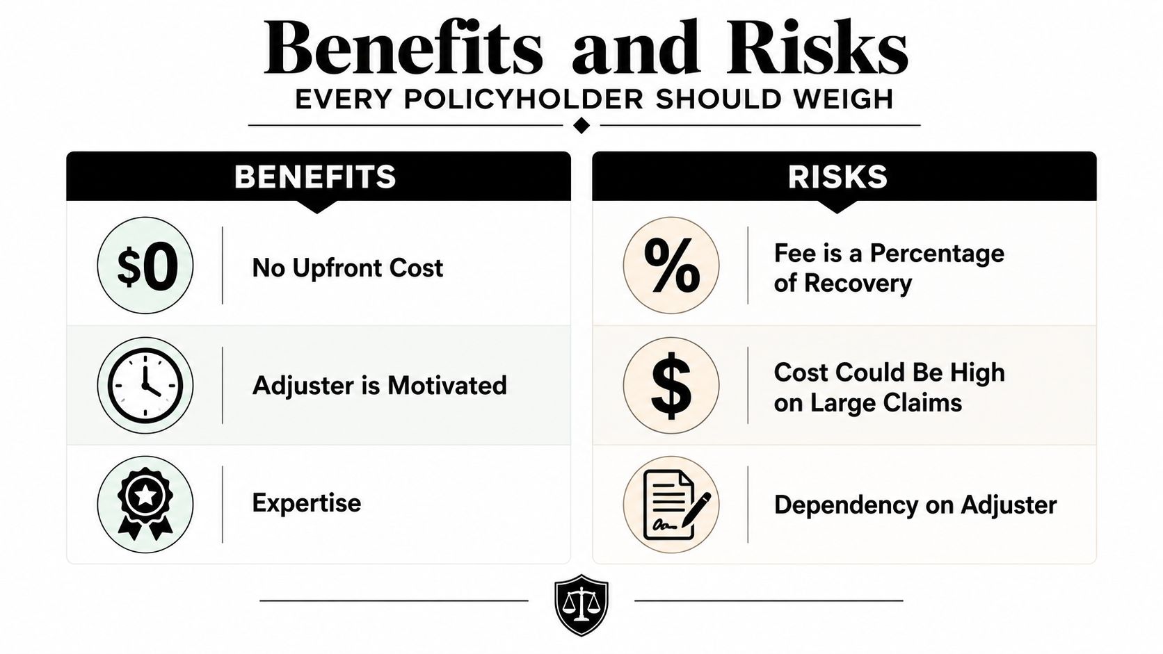 A comparison chart outlining the benefits and risks of hiring a public insurance adjuster.