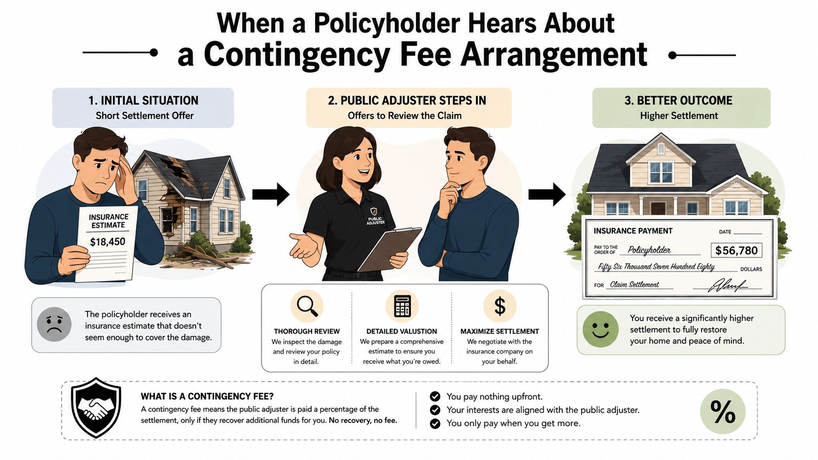 A diagram explaining how a public adjuster helps a policyholder obtain a higher settlement via contingency fees.