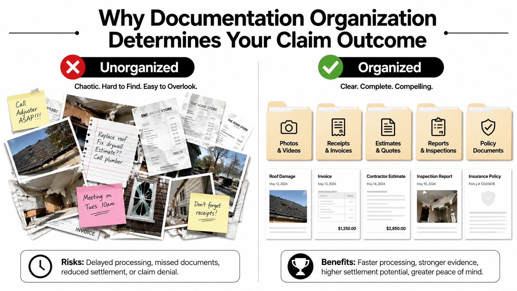 A comparison infographic showing unorganized versus organized insurance claim documentation and their impact on claim outcomes.