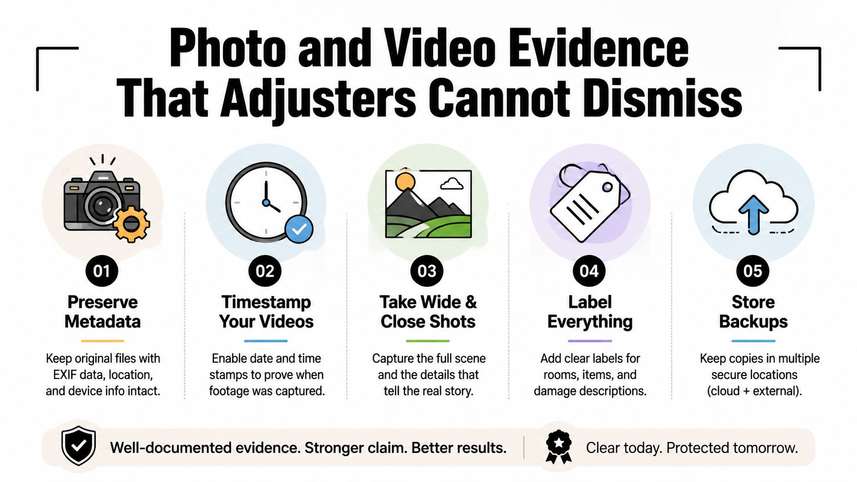 An infographic titled Photo and Video Evidence That Adjusters Cannot Dismiss, featuring five tips for documenting insurance claims.