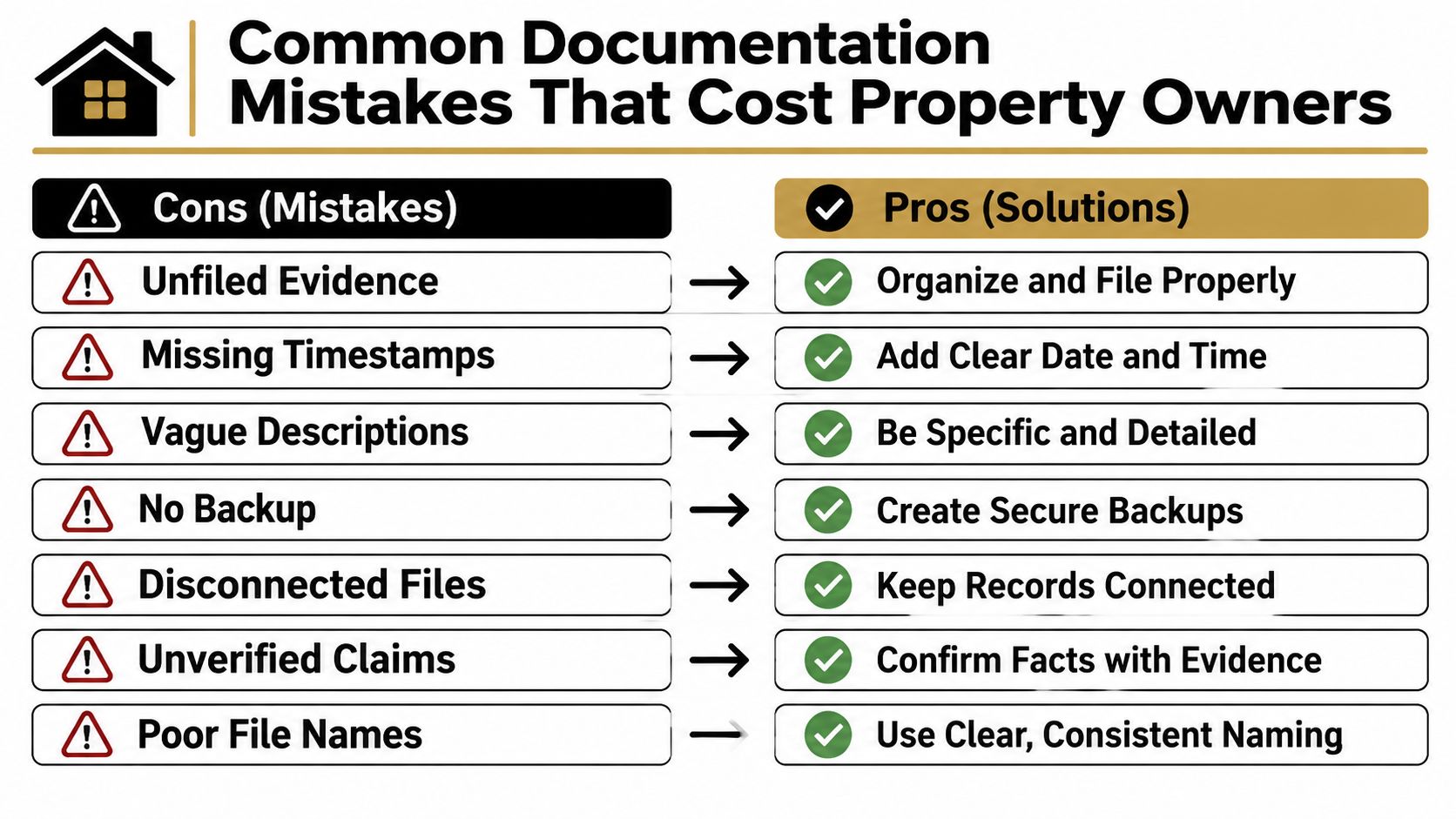 A chart showing common property documentation mistakes and their corresponding organizational solutions for property owners.