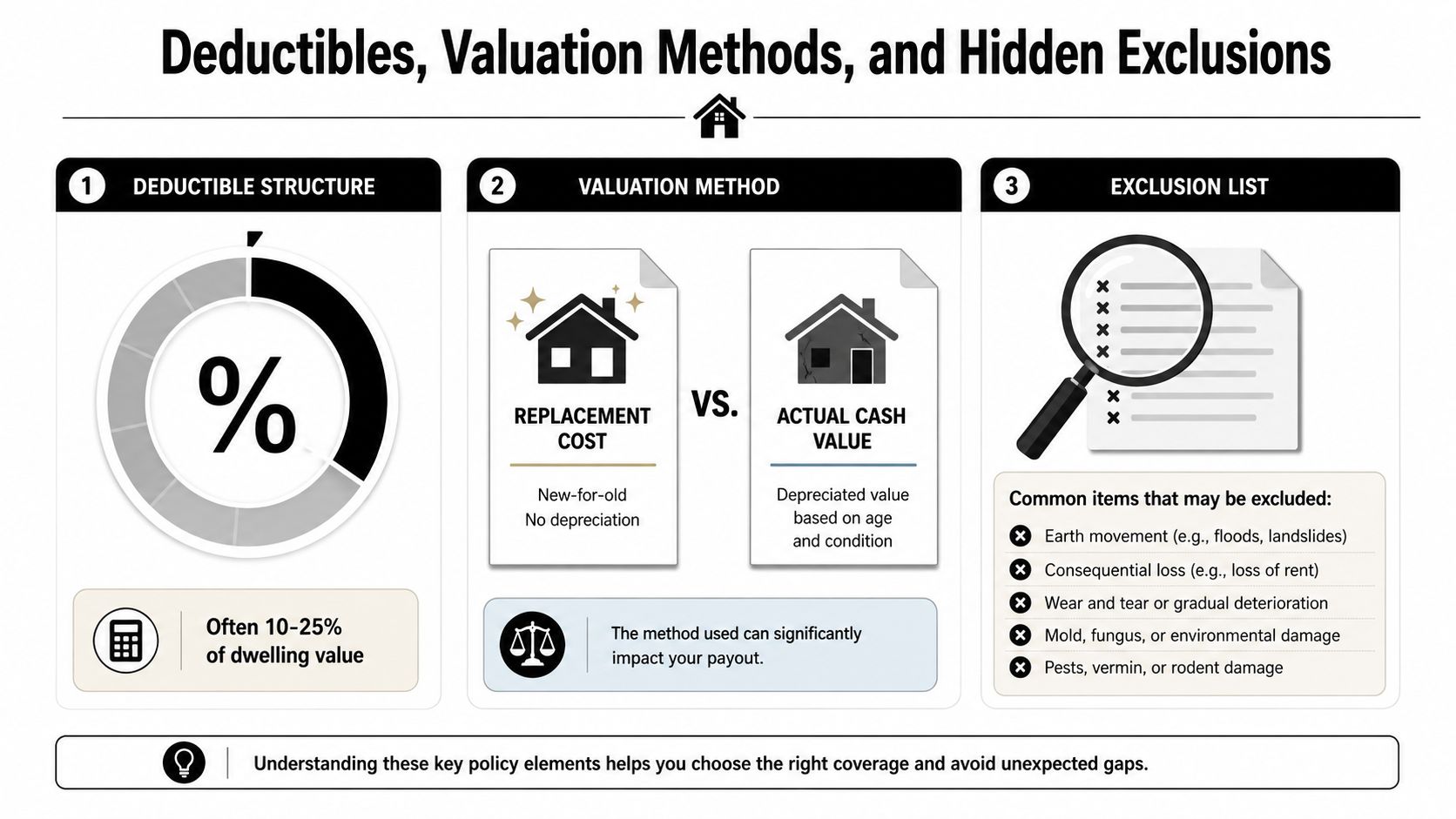 An infographic explaining insurance policy terms including deductibles, valuation methods, and common exclusions for home insurance coverage.