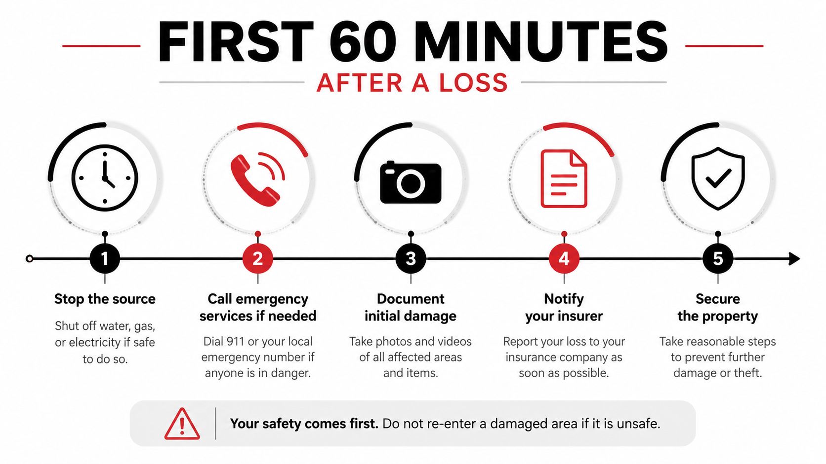 An infographic titled First 60 Minutes After a Loss outlining five steps for handling property emergencies safely.