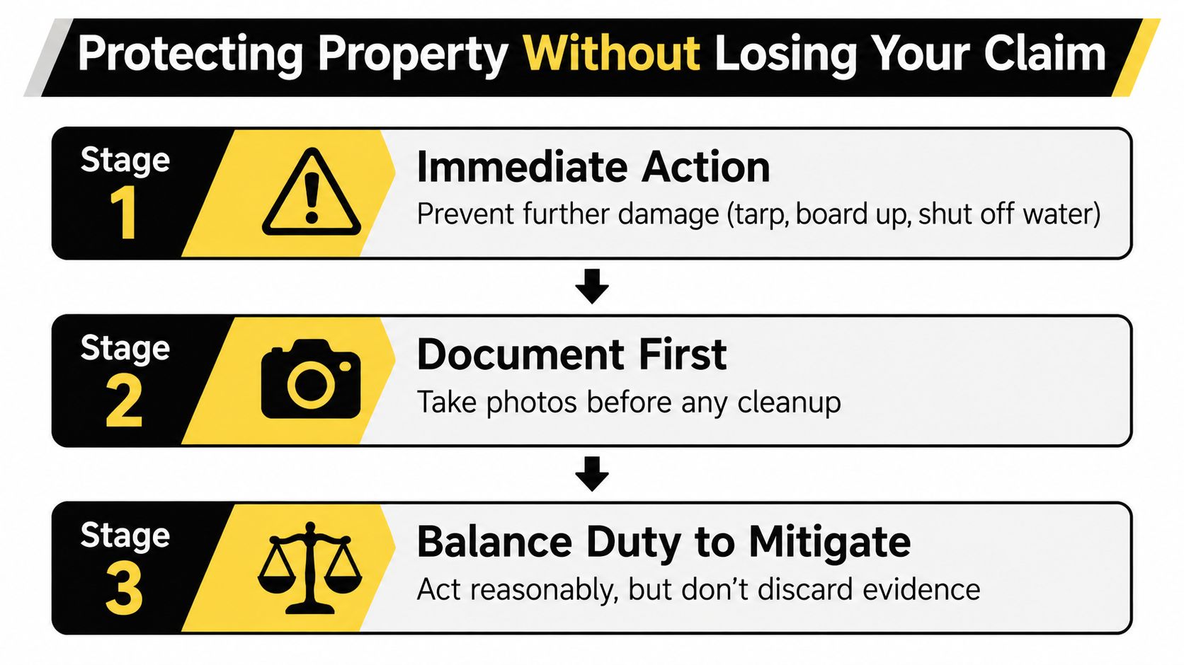 A three-stage infographic titled Protecting Property Without Losing Your Claim detailing steps to mitigate insurance damage.
