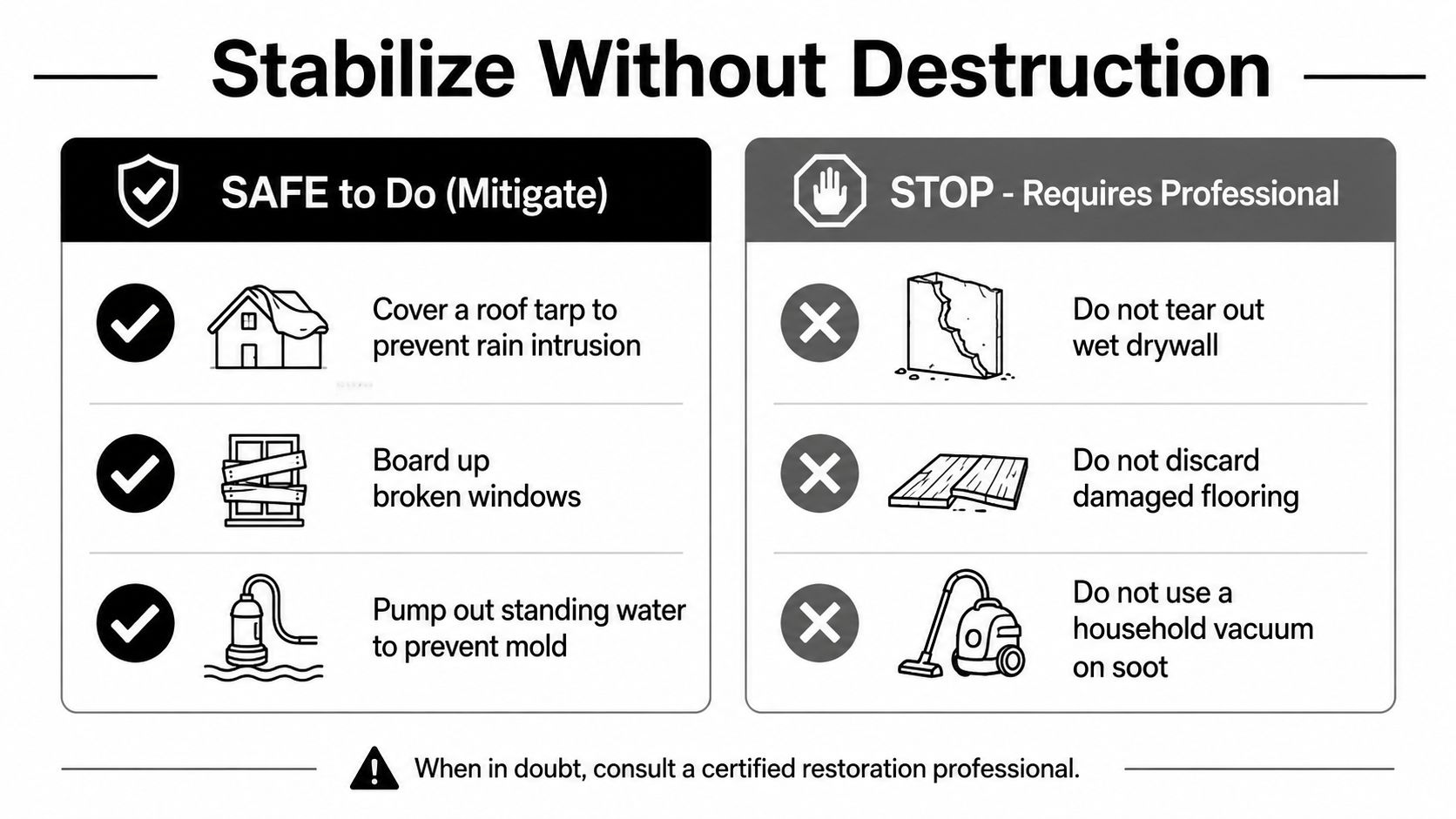 A guide listing safe DIY mitigation steps versus actions that require professional restoration services after property damage.