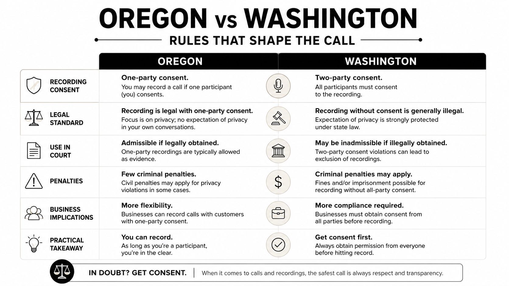 A comparison chart outlining recording consent laws for phone calls in Oregon versus Washington states.