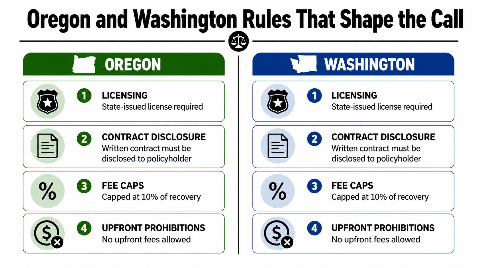 A comparison chart outlining insurance licensing, contract, fee, and upfront payment rules in Oregon and Washington states.