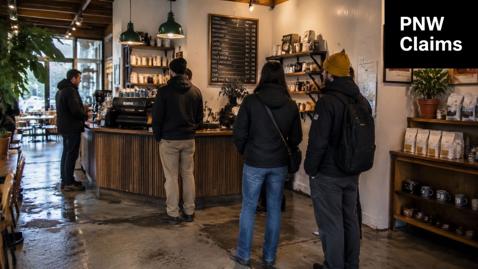 A queue of customers standing inside a cafe while waiting to order at the coffee shop counter.