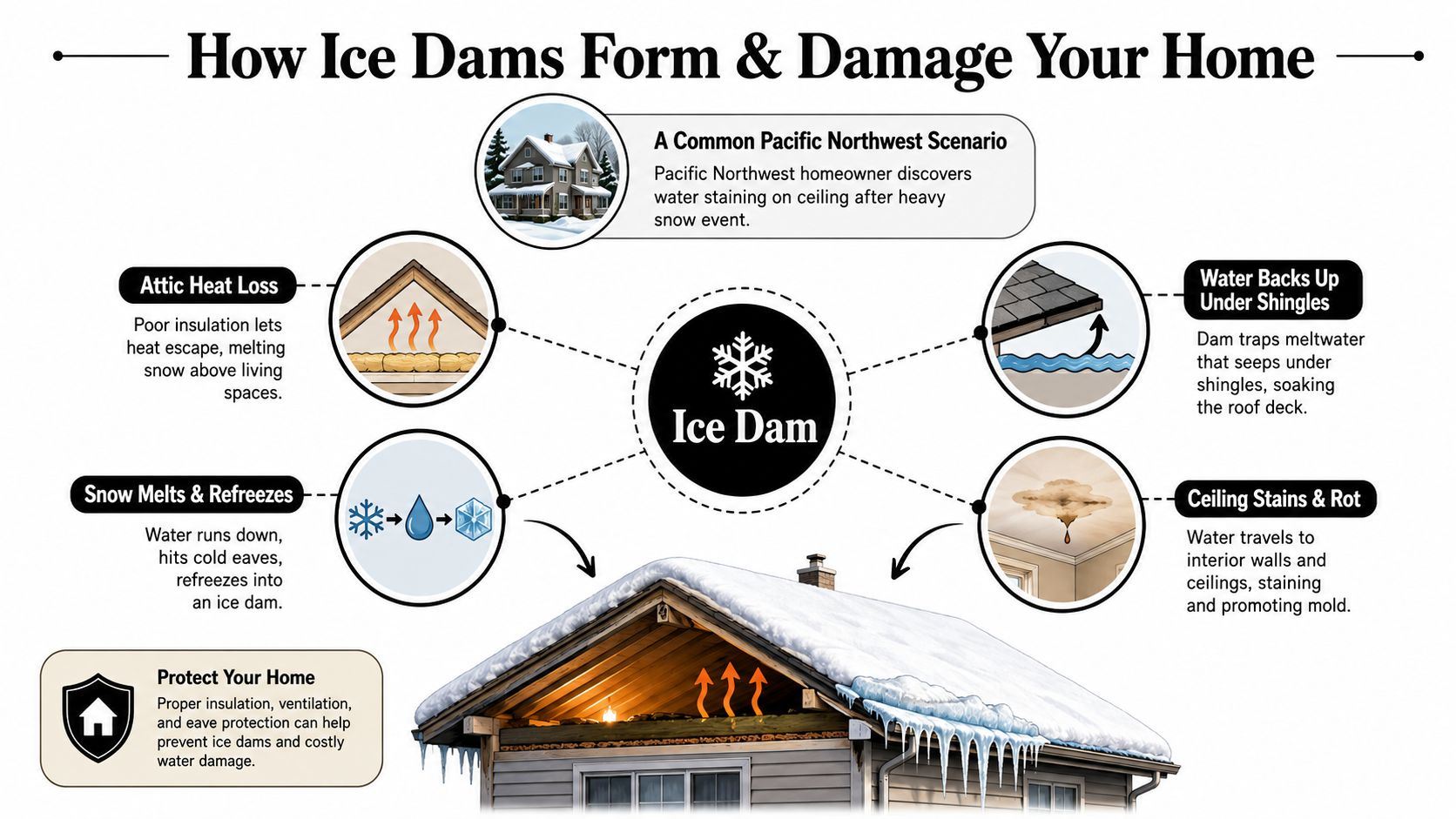 An infographic showing the process of how ice dams form on roofs and cause water damage inside homes.