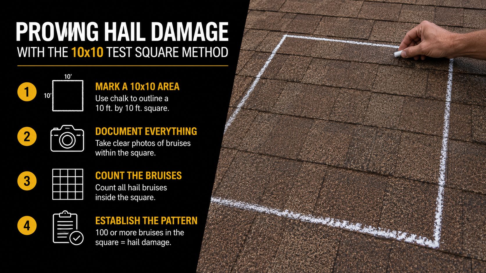 A roofer uses chalk to draw a square on shingles to inspect for storm and hail damage.