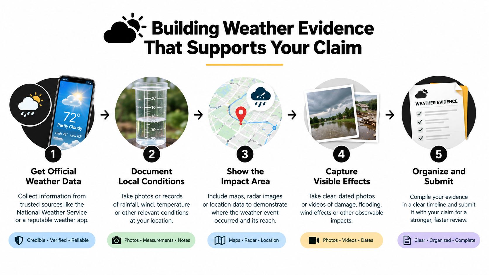 A five-step infographic showing how to collect and organize weather evidence to support an insurance claim.
