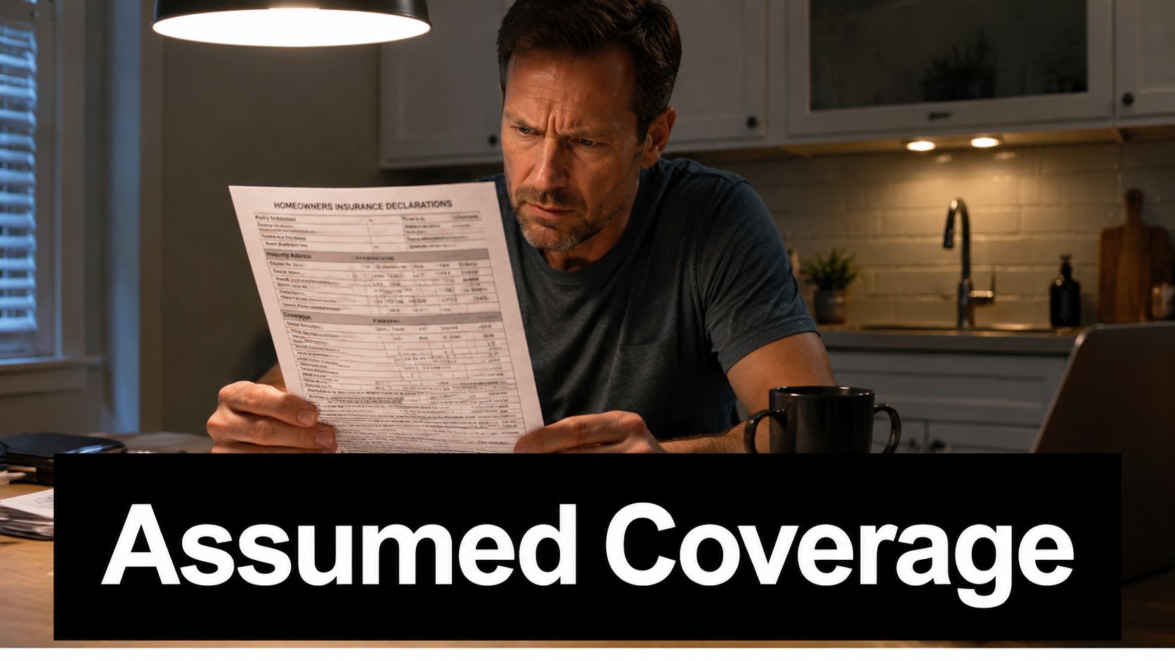 A middle-aged man reviewing his homeowners insurance policy declarations document with a focused and concerned expression.