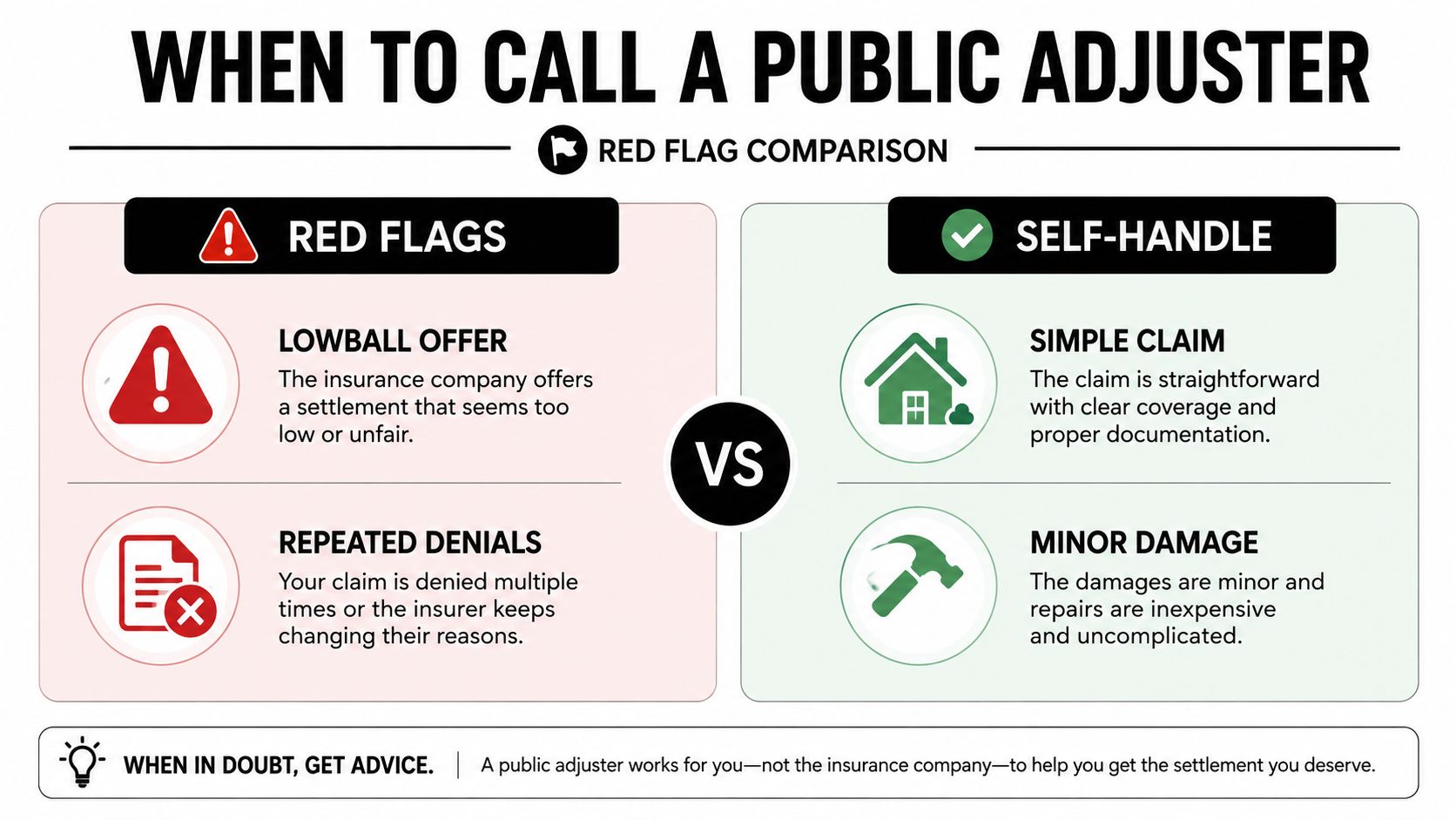 An infographic comparing when to hire a public adjuster versus handling an insurance claim yourself.