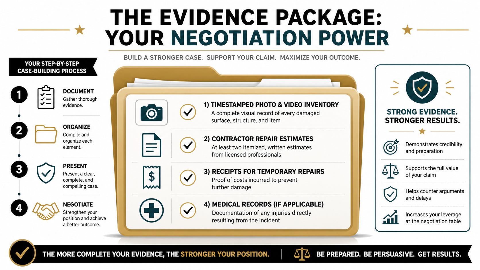A professional infographic outlining four essential steps and items needed to build a strong insurance claim.