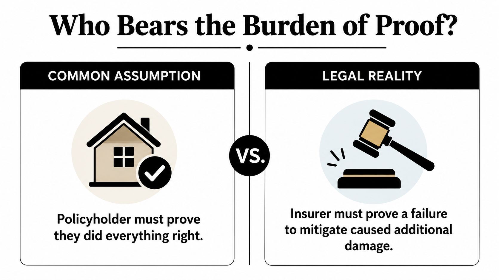 A comparative graphic explaining the burden of proof between policyholders and insurers regarding mitigation of damages.