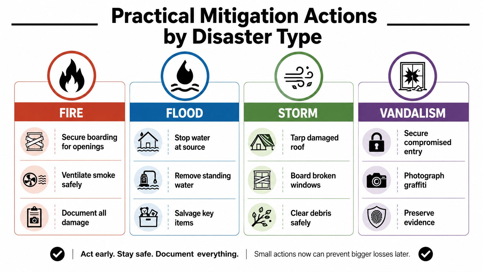 A table outlining practical mitigation actions for property damage caused by fire, flood, storm, and vandalism.