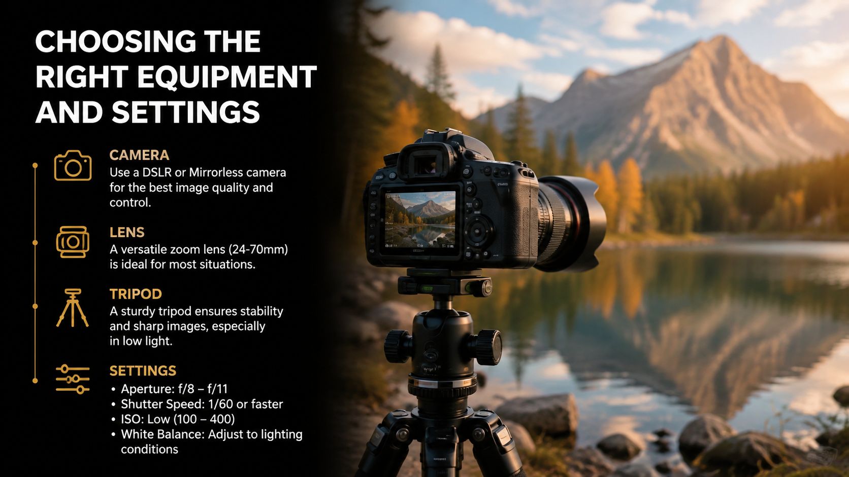 A professional camera on a tripod overlooking a scenic mountain lake landscape with equipment photography tips.