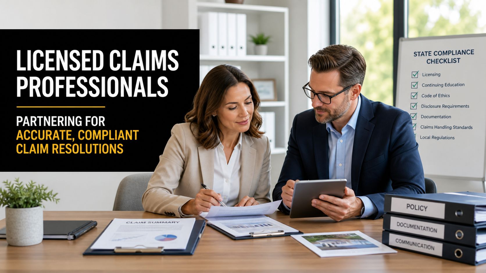 A professional man and woman working together on insurance claim documents and digital tablets in an office.