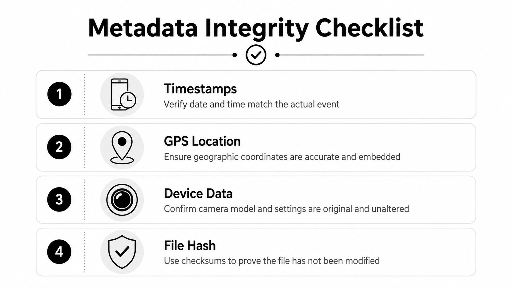 A metadata integrity checklist infographic listing four essential verification steps for digital file and image authenticity.