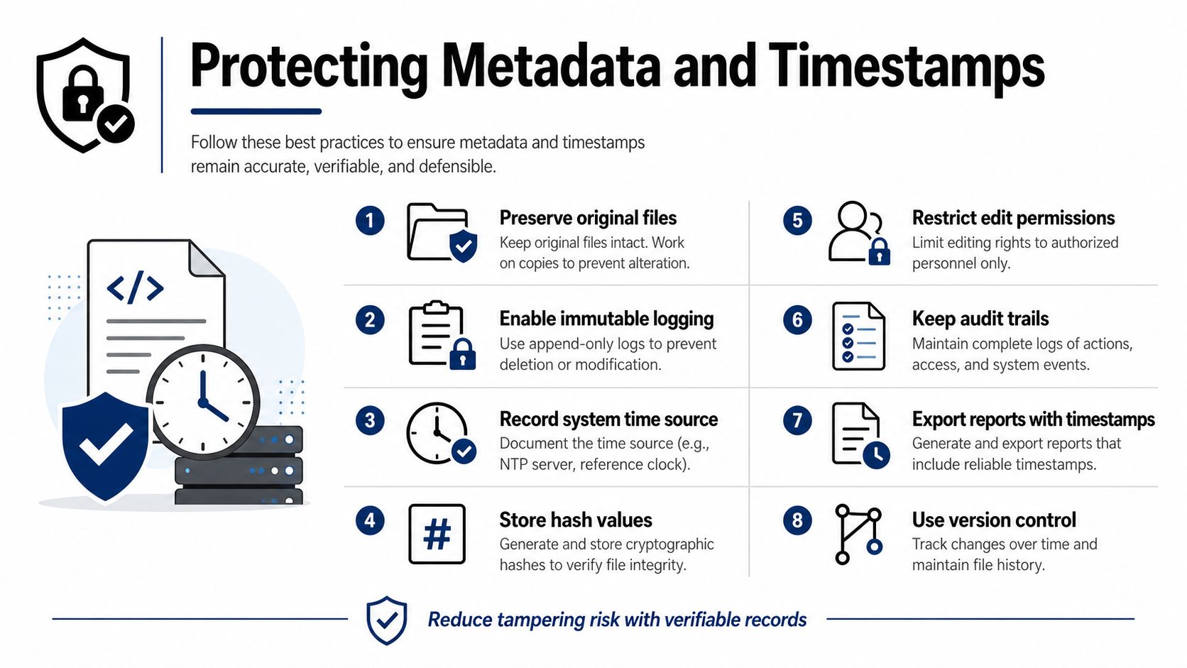 An infographic detailing eight best practices for protecting digital metadata and timestamps to ensure data integrity.