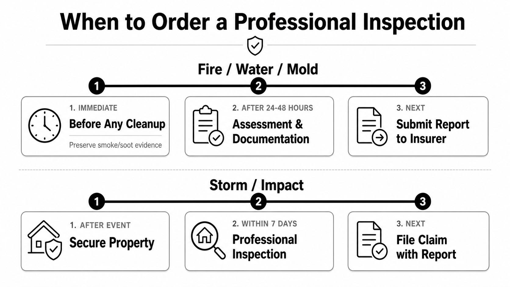 A professional inspection guide infographic for fire, water, mold, and storm property damage events.