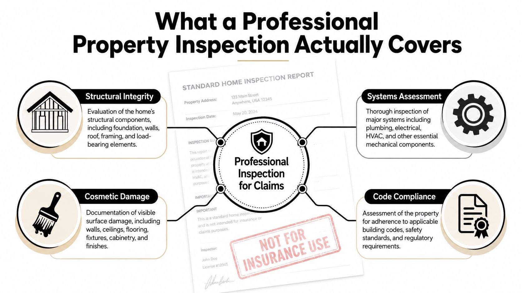An infographic showing the four key components covered in a professional property inspection, including structural and systems assessments.