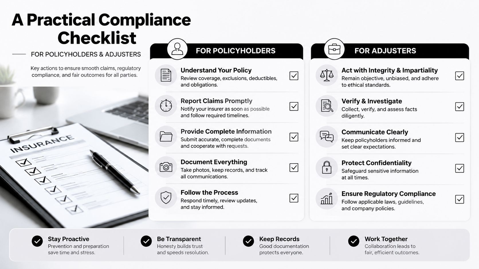 A practical insurance compliance checklist for policyholders and adjusters, presented in a clear, organized infographic format.