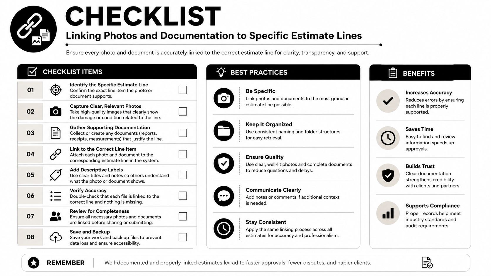 A checklist infographic guiding the process of linking photos and supporting documentation to specific repair estimate lines.