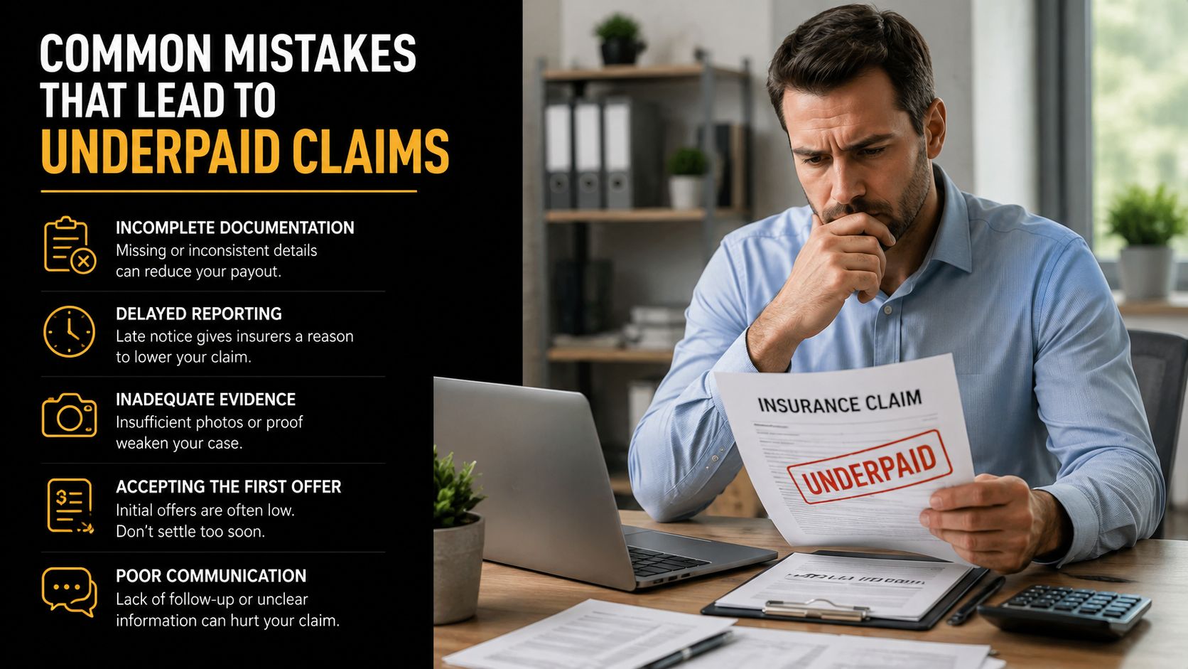 A man reviewing a document stamped underpaid at his desk, with a list of common insurance claim mistakes.