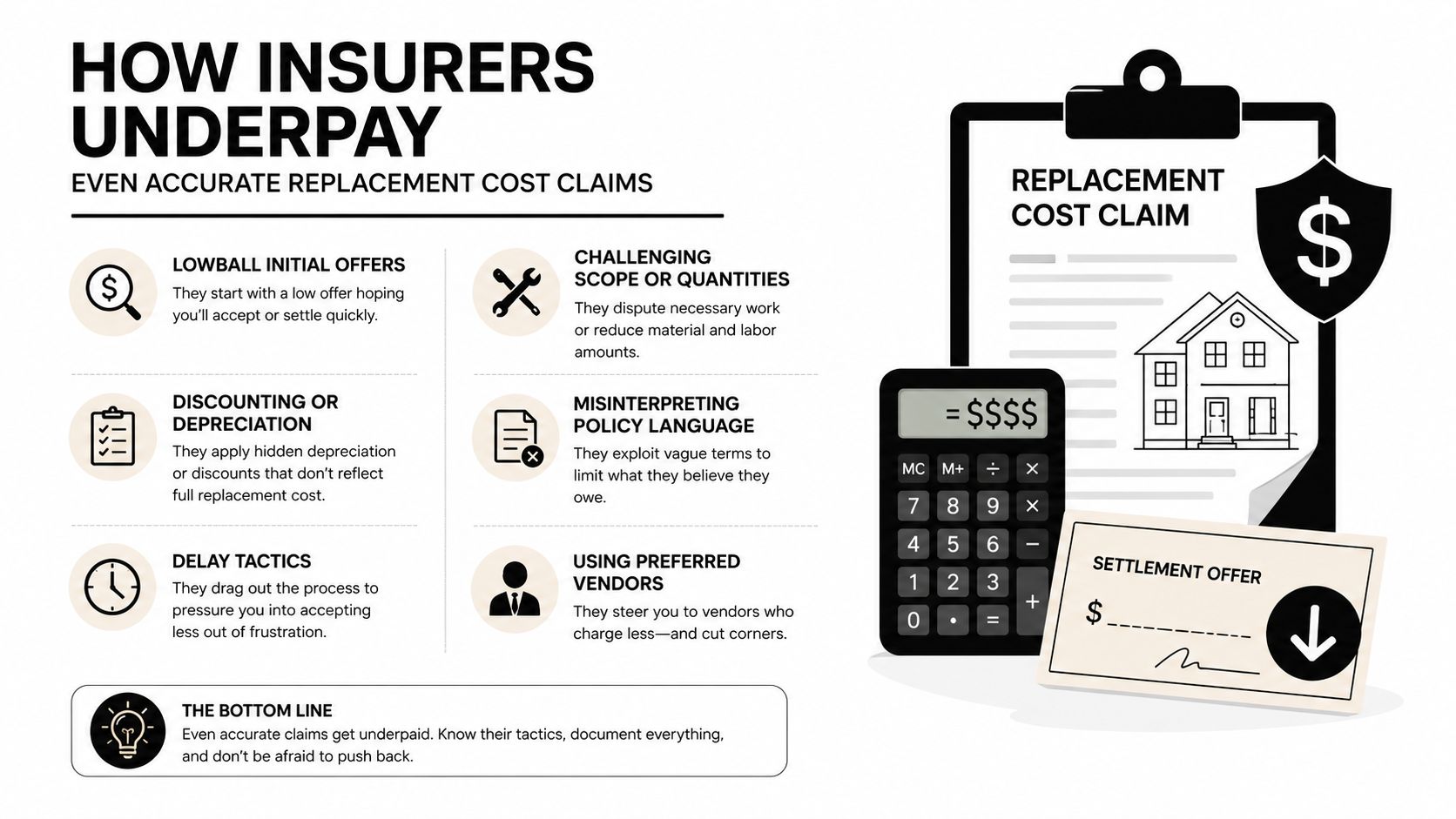 An infographic detailing tactics insurers use to underpay claims despite accurate replacement cost calculations.