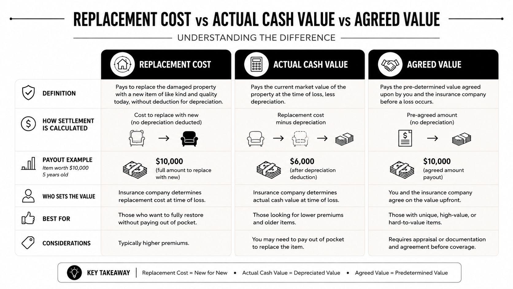 A comparison chart explaining the differences between replacement cost, actual cash value, and agreed value insurance policies.