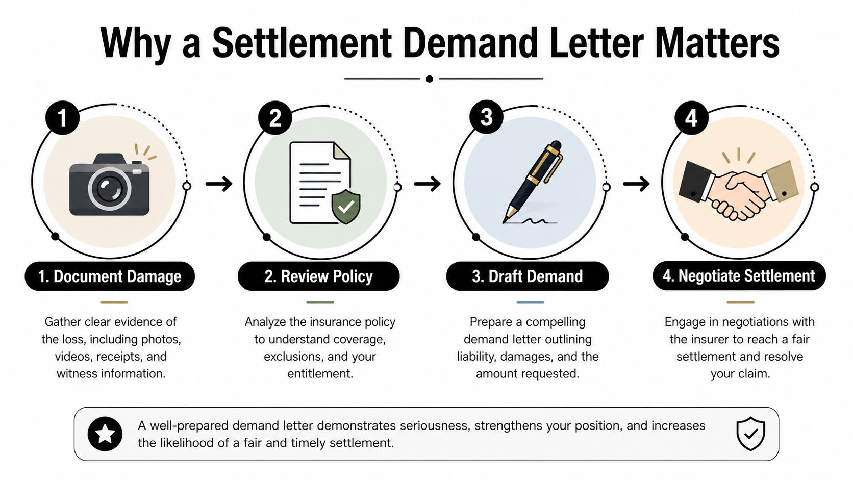 A four-step infographic illustrating the process of using a settlement demand letter for insurance claims.