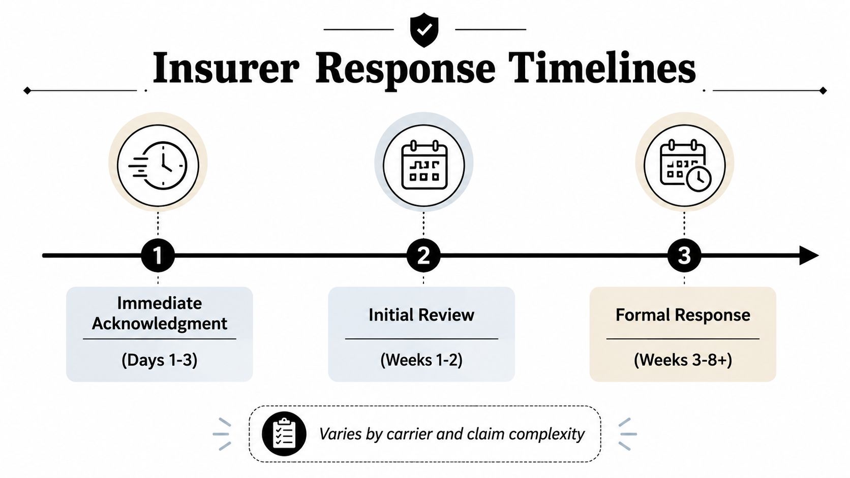 A timeline graphic showing the insurance claim process steps, from acknowledgment to formal response.