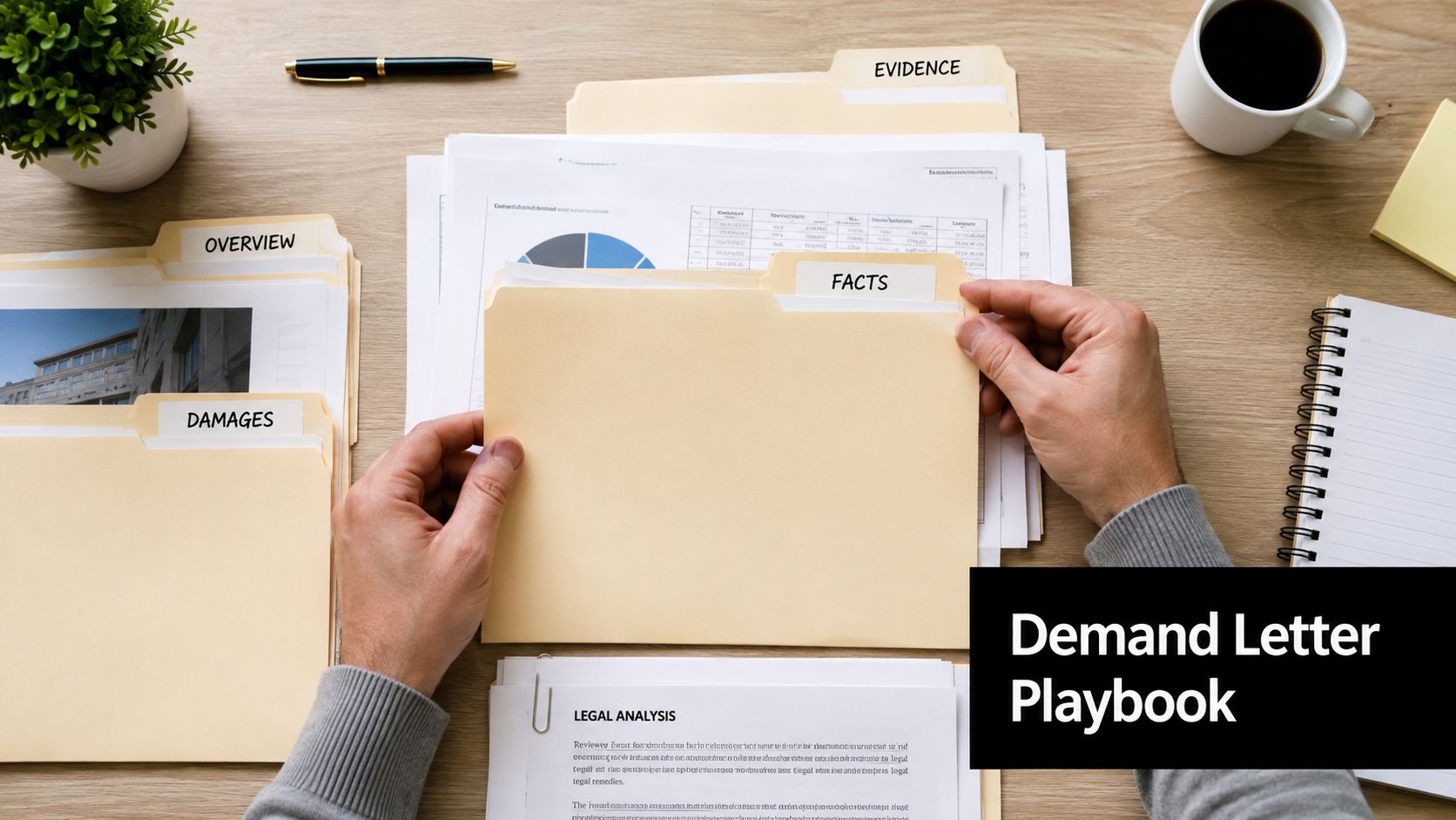 A person reviewing legal case files with folders labeled overview, damages, facts, and evidence on a wooden desk.